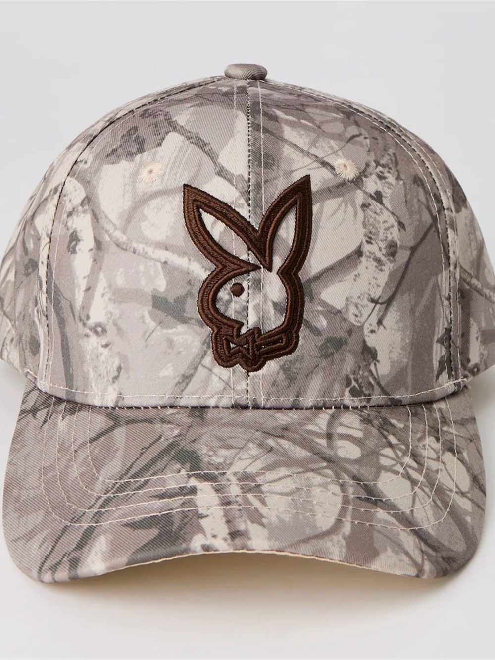 PLAYBOY Camo Baseball Cap in Taupe & Brown Embroidered Bunny